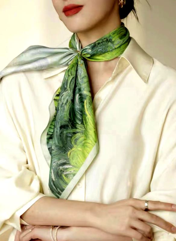 Foulard Shawl Silk Satin Green Blue White